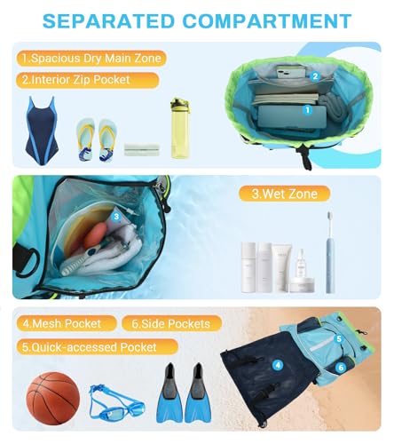 Drawstring Backpack, Waterproof Sandproof Beach Backpack for Sport Gear Small Gym Bag with Hidden Ball Net Pocket and Seperated Wet Pocket Draw String Back Bag for Women Men, Blue - color: Blue