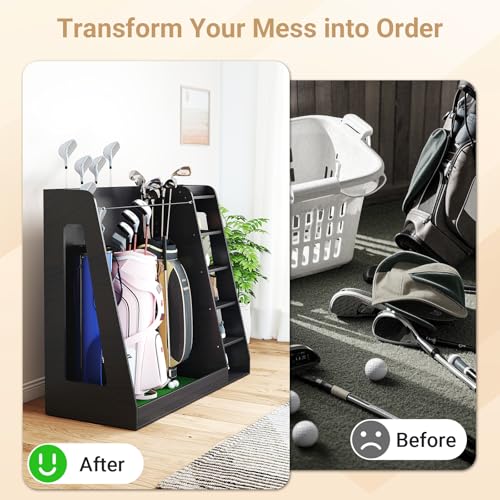 Zevemomo Wooden Golf Bag Organizer with Wheels, Golf Storage Organizer for Garage, 3 Golf Bag Storage Rack, Holds 3 Golf Bags and Golf Equipment, Suitable for Garage Home Golf Club, Black