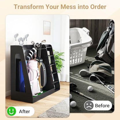 Zevemomo Wooden Golf Bag Organizer with Wheels, Golf Storage Organizer for Garage, 3 Golf Bag Storage Rack, Holds 3 Golf Bags and Golf Equipment, Suitable for Garage Home Golf Club, Black