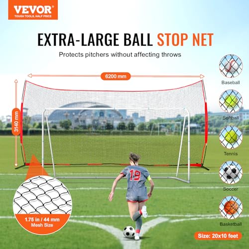 VEVOR 7X7ft/12X9ft/16X10ft/20x10ft Barricade Backstop Net, Ball Sports Barrier Netting, Portable Practice Net for Baseball Softball Lacrosse Hockey Basketball Equipment Training Net