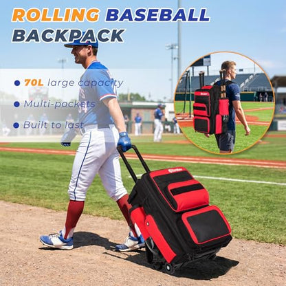 Rolling Baseball Bag with Wheels, 70L Large Capacity Baseball Backpack with Hidden Shoulder Strap, Sturdy Softball Bag with Multi-Pockets, Shoe Compartment, Fence Hooks for Players, Coaches - color: Red