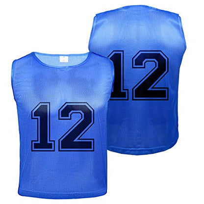 Athllete 12 pcs Duramesh Pinnies/Scrimmage Vest - Kids Youth and Adult Pinnies, Numbered Penny Jerseys for Soccer - color: Azure Blue Numbered Front/Back (1-12), size: Medium