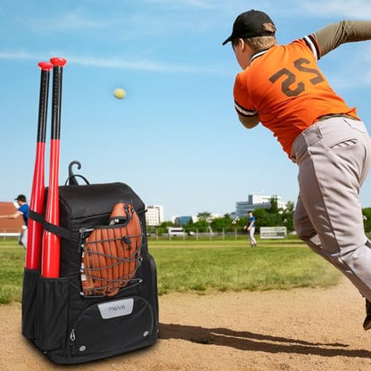 MOSISO Baseball Bat Bag, Large Capacity Baseball Backpack for Men Women, Lightweight Softball Equipment Backpack Catchers Gear Bag with Fence Hook & Shoe Compartment for Training Sports, Black