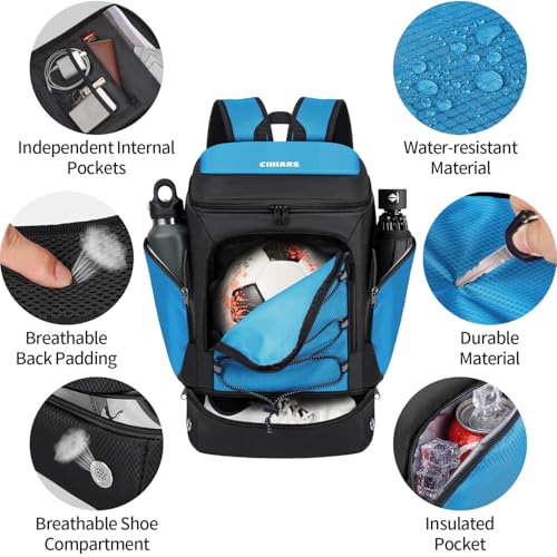 Soccer Bag - Soccer Backpack with Ball Holder,Sport Equipment Bags gifts for soccer stuff Water resistant Includes Separate Cleat Fit Basketball Volleyball Football - color: sport soccer bag 2025 BLUE