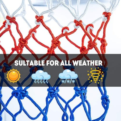 Aoneky Heavy Duty Basketball Net Replacement, 21” Inch 12-Loop Polyester Netting, Thick All-Weather Outdoor Indoor Practice Net Fits Standard Rims, White Red Blue