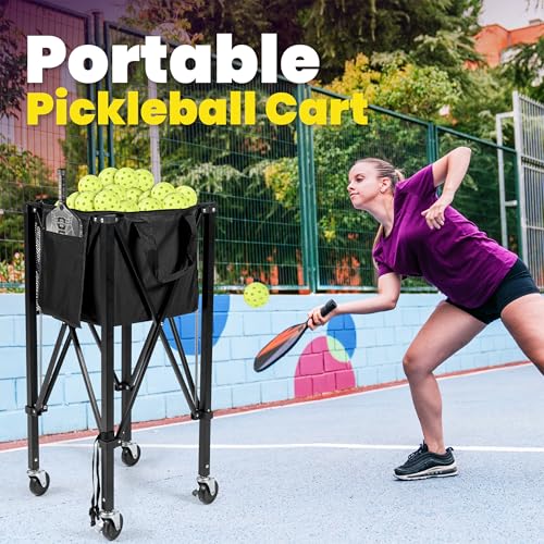 Tennis Ball Cart | Pickleball Ball Hopper | 150 Ball Capacity | Multiple Storage Pockets | Carrying Bag | Sturdy Pickleball Cart with Wheels | Ball Caddy for Practice & Training