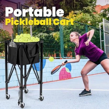 Tennis Ball Cart | Pickleball Ball Hopper | 150 Ball Capacity | Multiple Storage Pockets | Carrying Bag | Sturdy Pickleball Cart with Wheels | Ball Caddy for Practice & Training