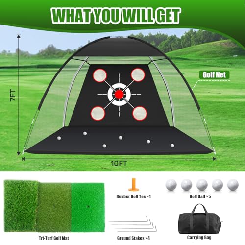 Golf Net with Practice Mat,Golf Hitting Aid Nets 10x7FT for Backyard Driving Chipping Training Swing,Gifts for Men Dad Him and Golfer