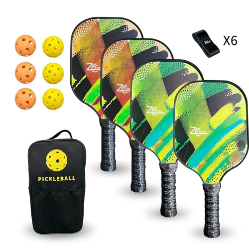 Pickleball Paddles, Pickleball Paddles Set of 2/4, Fiberglass/Carbon Fiber Pickleball Set with Pickleball Balls, Pickleball Bag, Portable Pickleball Net Systerm, Grip Tapes, Pickleball Rackets - style: Pickleball-4P6B Fiberglass Face