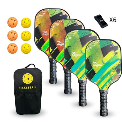 Pickleball Paddles, Pickleball Paddles Set of 2/4, Fiberglass/Carbon Fiber Pickleball Set with Pickleball Balls, Pickleball Bag, Portable Pickleball Net Systerm, Grip Tapes, Pickleball Rackets - style: Pickleball-4P6B Fiberglass Face