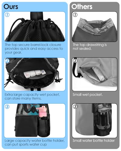 BROTOU Swim Bag Beach Backpack with Wet Pocket Mesh Drawstring Bags for Swimming, Gym - color: Black