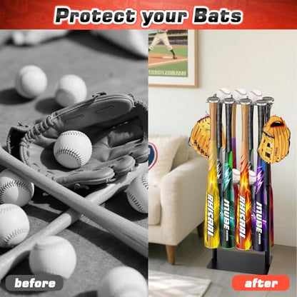 Baseball Bat Holder Stand, Free Standing Bat Rack for 8 Bats & 5 Balls, No Drill Softball Bat Organizer with 4 Hooks for Gloves, Sturdy Metal Display Stand for Home Team Dugout, Black