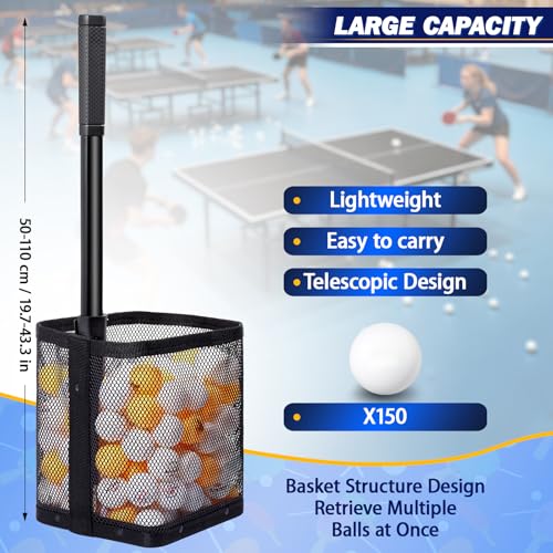 Table Tennis Ball Picker Upper - Retractable Ping Pong Ball Retriever & Storage Collector, Holds 150 Balls