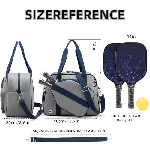ROYALFAIR Pickleball Tote Bag for Women Men Large Capacity with Paddle Cover Pocket Internal Shoe Pocket and Adjustable Shoulder strap - color: Grey