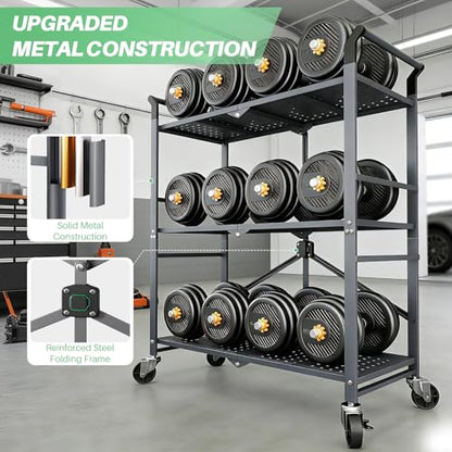 3 Tier Utility Carts - Folding Metal Rolling Cart with Wheels for Kitchen Office Garage Storage, Grey