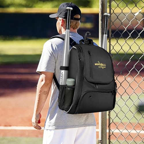 Youth Baseball Bag, Lightweight Softball Bag with Shoes Compartment, Baseball Backpack with Fence Hook for TBall Bat & Equipment - color: Black