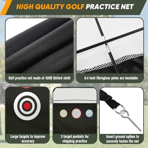 10x7Ft Golf Practice Net, Golf Net for Backyard Driving Real GolfBalls, All in 1 Golf Hitting Nets with Tri-Turf Mat, Impact Target, 10 Balls, 7 Tees, 2 Rubber Tees, Carry Bag