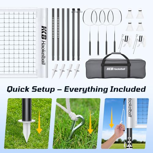 Haokelball Outdoor Badminton Net Set with Anti-Sag Winch System - 20ft Badminton Net, 4 Rackets, 4 Shuttlecocks & Carry Bag, Badminton Set for Backyard, Grass, Beach, Holiday Games - color: C-White
