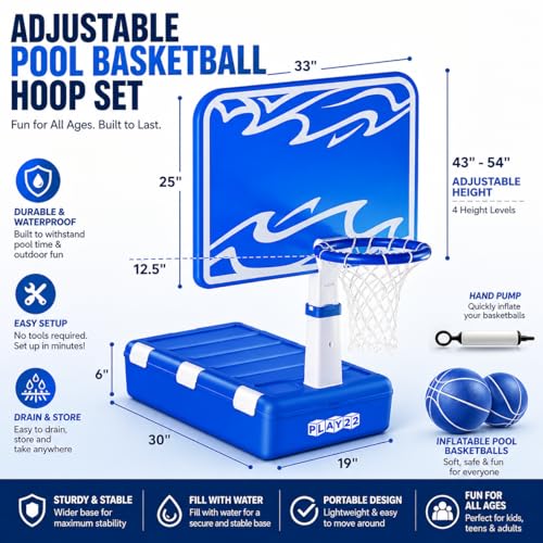 Play22 Pool Basketball Hoop Set - Large 33" Backboard, Adjustable Height Poolside Game with 7-Gal Water Bag in Base (58 lbs), Compact Storage, Durable for Sun & Pool Use, Includes 2 Balls & Pump