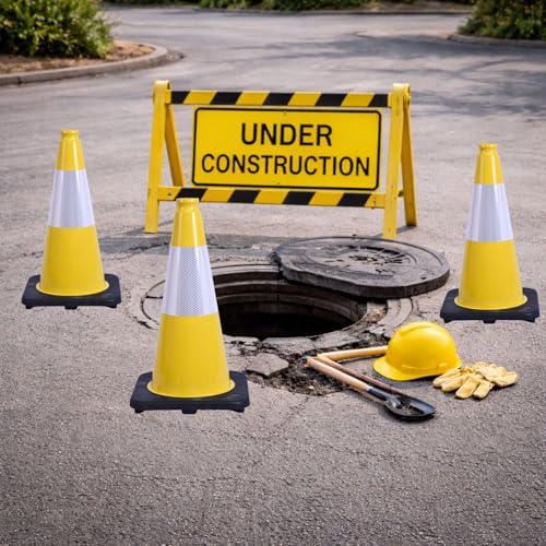 6 Pack Yellow 18 Inch Black Base Traffic Cones for Vehicle Maneuvering Practice, Driving Training, Lane Marking & Safety Warning (6, Yellow, 18 Inch) - color: Yellow, size: 18 Inch