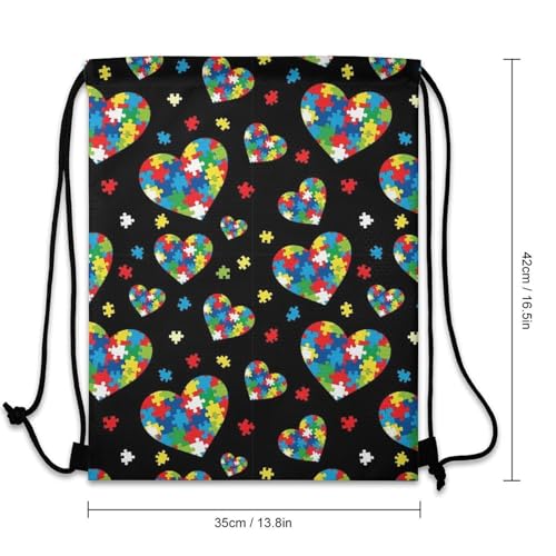 Sports Drawstring Bag Gym Sackpack Waterproof String Backpack for Running Training Fitness Men Women Unisex, Colorful Autism Awareness Puzzle Pieces Heart Bags - color: Picture (345)