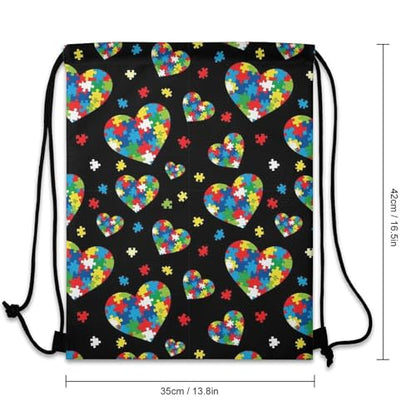 Sports Drawstring Bag Gym Sackpack Waterproof String Backpack for Running Training Fitness Men Women Unisex, Colorful Autism Awareness Puzzle Pieces Heart Bags - color: Picture (345)