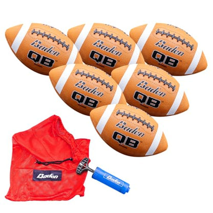 Baden QB Rubber Football | Molded Rubber Cover and Laces Holds up to Tough Conditions | Ideal for Backyard Play, Camps & Leagues | Brown | Pee-Wee, Junior, Youth, Official Sizes - size: Junior Size 6, style: 6-Pack