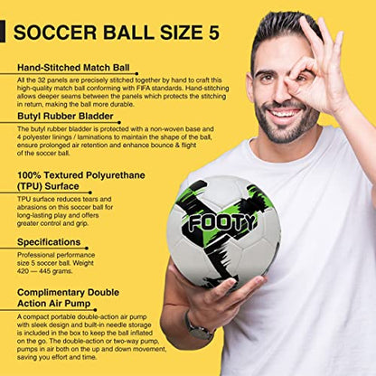 Footy - Size 5 Leather Soccer Ball with Pump - Professional Youth Training Ball - color: Green