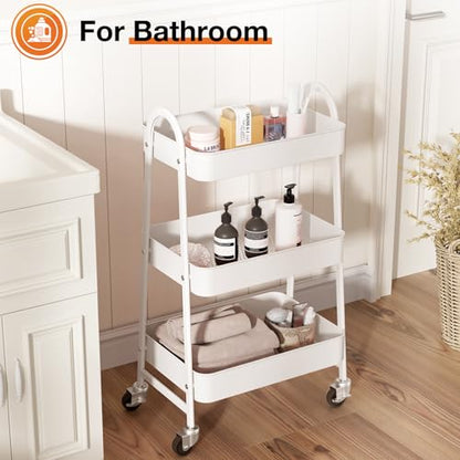 NEWBULIG 3-Tier Rolling Storage Cart, Metal Mobile Utility Organizer Shelf with Lockable Wheels, Space-Saving Freestanding Storage for Bathroom Living Room and Narrow Corner Spaces, White