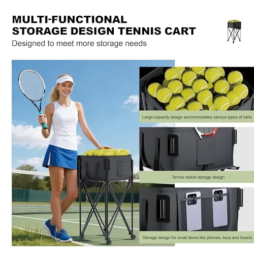 Tennis Ball Hopper for 120 Balls，Tennis Ball Basket with Removable Storage Bag，Wheeled Tennis Ball Cart for Serve Training ，Portable Pickleball Baseball Hopper Basket