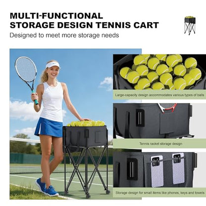 Tennis Ball Hopper for 120 Balls，Tennis Ball Basket with Removable Storage Bag，Wheeled Tennis Ball Cart for Serve Training ，Portable Pickleball Baseball Hopper Basket