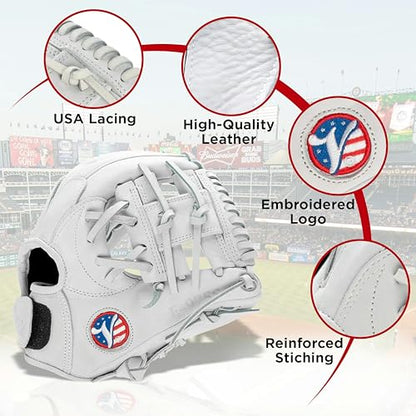 Valle Eagle 975S Strap-Back Infield Baseball Glove I Web – Sure Catch, Made with Soft Steer Hide Leather - Advanced Training & Practice Mitt for Youth, Boys & Girls – White, 9.75”