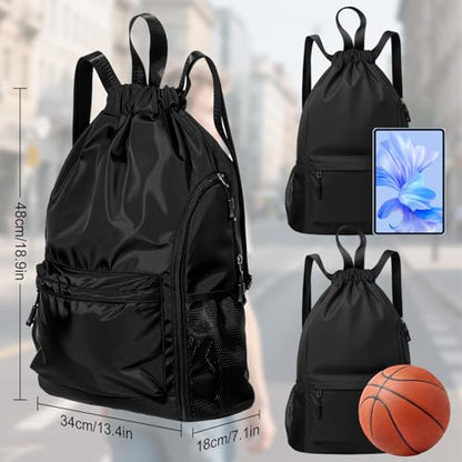 6 Pcs Black Basketball Drawstring Backpack, X-Larger Waterproof Drawstring Gym Bag, Baseball Softball Sports Bag with Water Resistant String Swim Backpack Side Mesh Pocket for Men Women