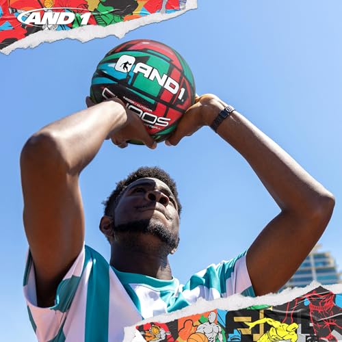 AND1 Chaos Basketball: Official Regulation (29.5 inches) Rubber - Deep Channel Construction Streetball, Made for Indoor Outdoor Basketball Games - color: Green/Red Graffiti