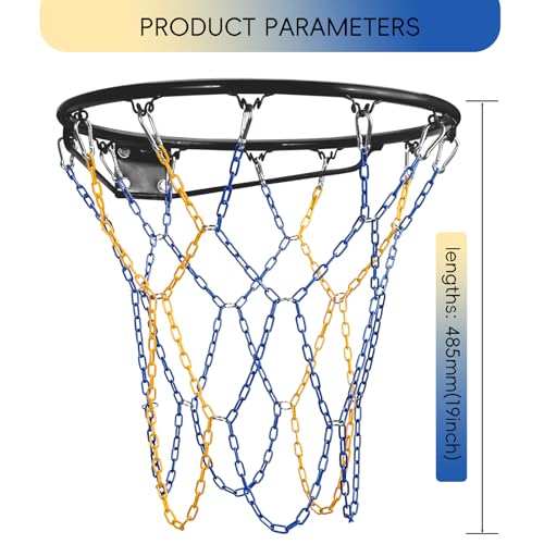 Basketball Net Heavy Duty Replacement,Carbon Steel Chain Basketball net, Anti-Rust Use Indoor Outdoor Standard 12 Loops Hoop - color: Blue/Yellow