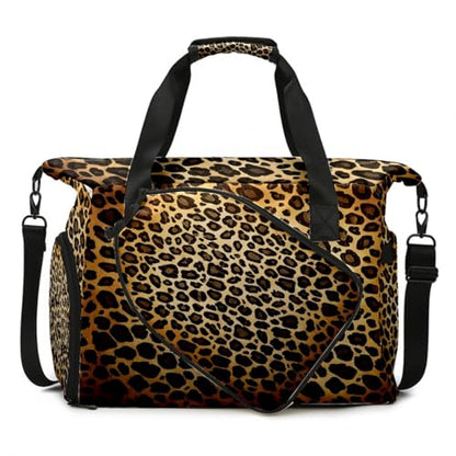 Brown Leopard Print Sports Duffle Bag - Large Gym Bag with Ventilated Shoe Compartment & Front Racket Sleeve, Waterproof Lightweight for Women Men Tennis Pickleball Travel - color: Brown Leopard Print