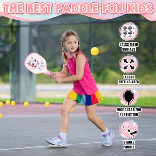Lunmon Kids Paddle with 2 Cute Ball Small Grip Lightweight Fiberglass Rackets Paddle Set for Christmas Party Gifts Children 4-11 Years Old