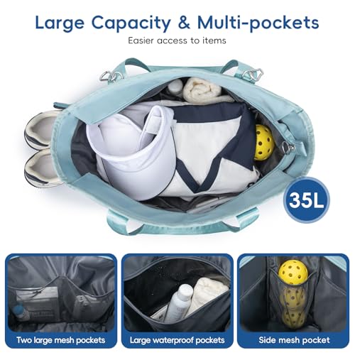 Pickleball Tote Bag for Women with Fence Hook, Quilted Pickleball Bag Holds 3-4 Paddles with Shoe Compartment & Wet Pocket - color: Green