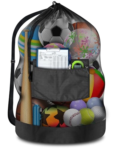 BROTOU Heavy Duty Soccer Ball Net Bag(100L Extra Large Capacity 10-12Balls), Drawstring Mesh Ball Bag with Zipper Pocket, Sports Equipment Storage Organizer Hold for Gym, Beach, Cloth, Swimming Gears - color: Black-1pc-Thickened Upgrade