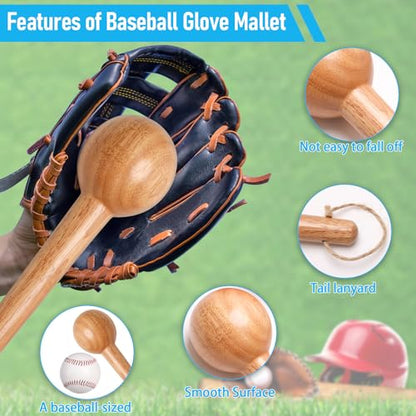 Baseball Glove Break in Kit, One-Piece Solid Wooden Baseball Glove Mallet and Three Colors Glove Wrap Straps for Baseball Glove and Softball Glove, Fit Adult Youth Kids Catcher Mitt - color: blue