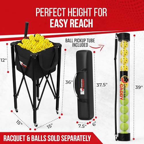[2-in-1 Set] Tennis & Pickleball Hopper with Pickup Tube – Pickleball Caddy with Collapsible Metal Frame Ball Basket and Wheels & Carry Case – 120 Tennis Balls or 100 Pickleball Ball Holder (Pin)