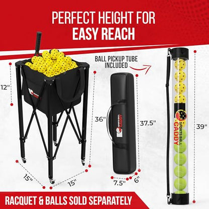 [2-in-1 Set] Tennis & Pickleball Hopper with Pickup Tube – Pickleball Caddy with Collapsible Metal Frame Ball Basket and Wheels & Carry Case – 120 Tennis Balls or 100 Pickleball Ball Holder (Pin)