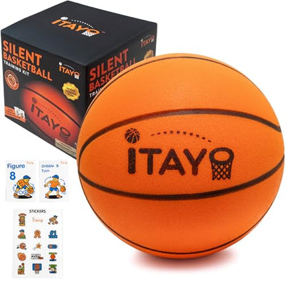 Silent Basketball Size 7 (29.5") - Airless High Bounce Indoor Foam Training Kit | Quiet Dribbling Ball for Apartments | Includes 24 Skill Challenge Cards + Stickers