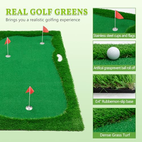 Golf Putting Green Mat, Large Professional Golf Training Mat with 3 Holes, 3 Flags,1 Movable Cup and 2 Slope Pad for Indoor Outdoor Putting Practice - size: 5x10 ft