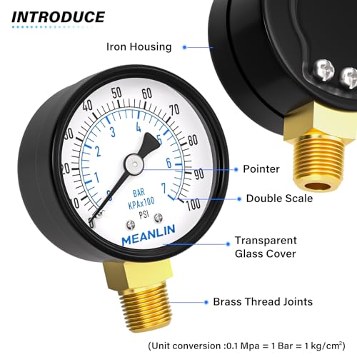 0-100Psi 2" DIAL FACE 1/4" NPT Well Pump Pressure Gauge, with 1/2" NPT and 3/8" NPT Hex Bushing, 3-2-3% Accuracy, Lower Mount - size: 0-100Psi, style: 1/4"NPT Lower Mount