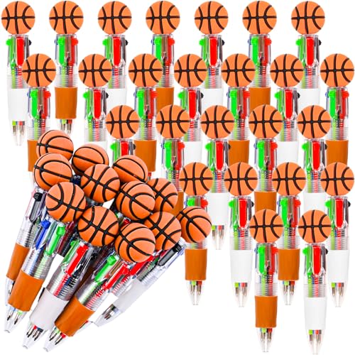 LiYiQ 25 Pcs Basketball Party Favor Multicolor Pen in One Cartoon Cute Fun 4-in-1 Cute Pens Bulk Kawaii Basketball Shape Cool Ballpoint Pens for Kids Fun Gifts - style: Basketball
