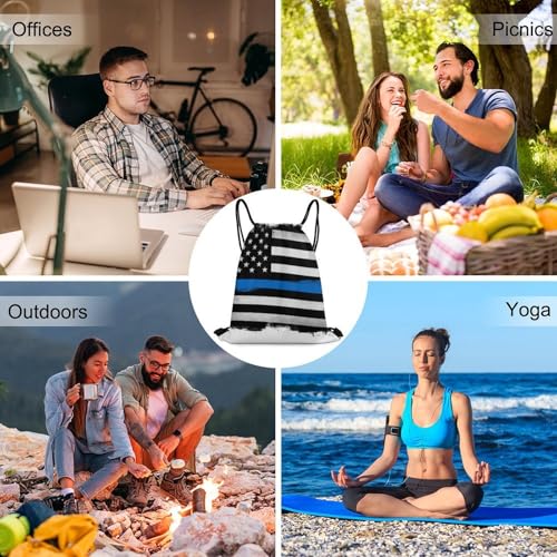 Gym Drawstring Backpack Sackpack Water Resistant for Sports Beach Yoga Travel Unisex, Thin Blue Line Flag Police American Bags - color: Picture (757)