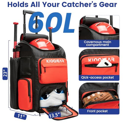 Rolling Baseball Bag with Wheels,Large Softball Bag with Fence Hook for 4 Bats & Equipment,Lightweight Baseball Bat Bag with Shoe Compartment. - color: Red