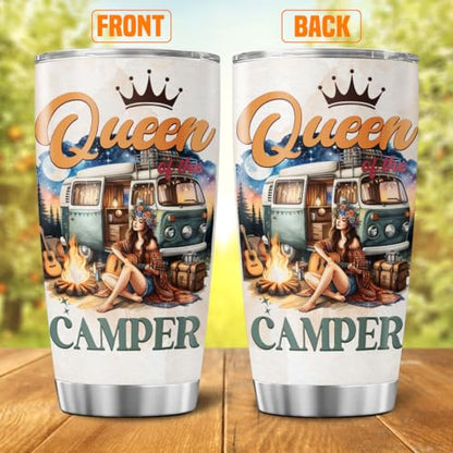 Queen of the Camper Gift 20oz Stainless Steel Tumbler, Insulated Coffee Travel Mug with Girl and Van Artwork, Camper Themed Outdoor Adventure Cup for Women, Camping Enthusiasts - color: Camping Lover