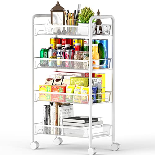 OVICAR 4 Tier Mesh Wire Rolling Cart, Kitchen Storage Organizer Utility Cart, Full Metal Basket Storage Art Trolley Carts with Wheels & 4 Side Hooks - color: White, size: 4 tier